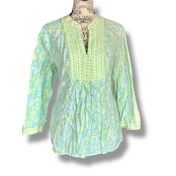 Vineyard Vines Size M Green 100% Cotton V-Neck Tropical Blouse Top Beach - Picture 1 of 6